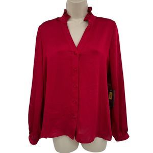 Vince Camuto Blouse S Button Long Sleeve Red Career Mock Holiday Party Ruffle